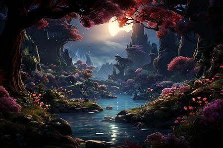 月夜神奇的森林河流图片