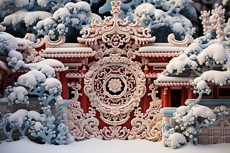 雪景中的佛教艺术建筑图片