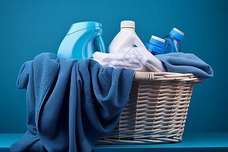 脏衣篓中的服饰和洗衣液背景