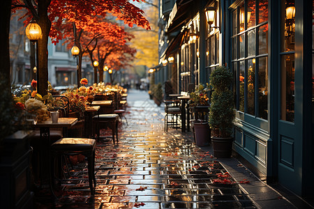 雨中的秋季城市街道图片