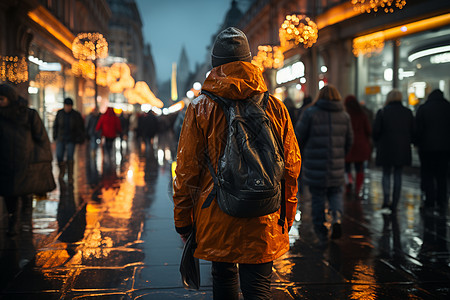雨后城市道路上的行人背景图片
