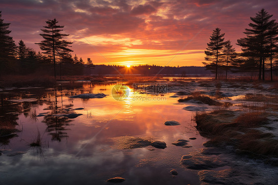 湖畔日落的美丽景观图片