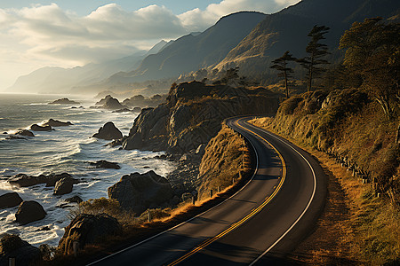 壮观崎岖的海岸公路景观背景图片