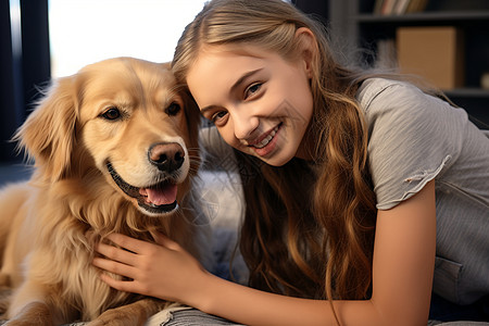 陪伴金毛犬的外国小女孩背景图片