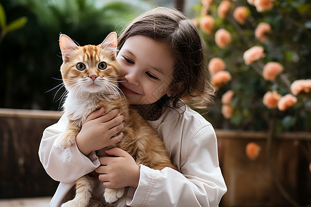 陪伴宠物猫咪的小女孩背景图片