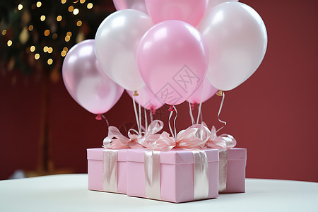 粉色礼盒与充满气球的粉白色气球束放在桌子上背景是圣诞树图片