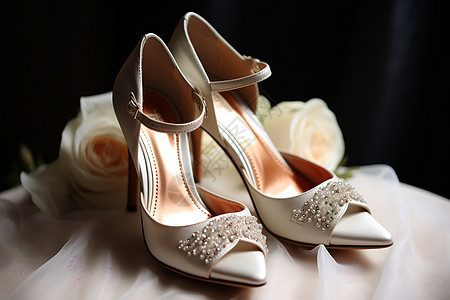 婚鞋与花束图片