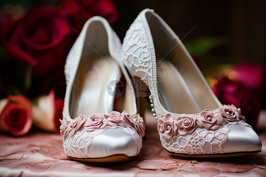 粉色花朵婚鞋图片