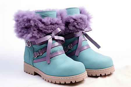 紫色飘带的蓝色毛皮雪靴背景图片