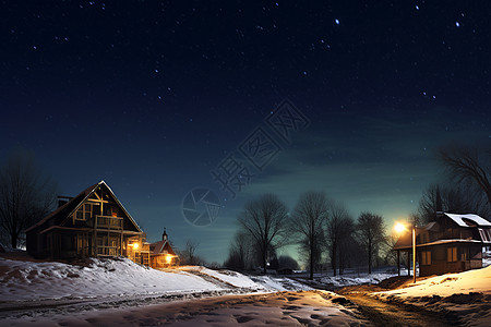 冬夜星空下的雪夜村庄高清图片