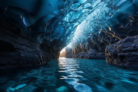 冰雪奇观冰窟中的蓝色世界背景图片