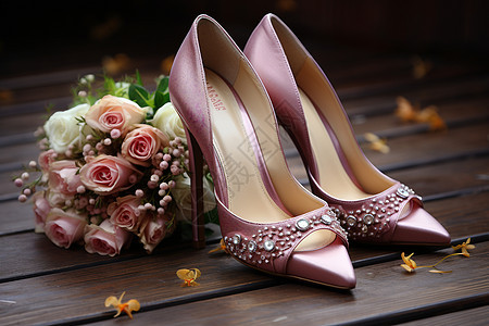 浪漫婚礼的花束与粉色高跟鞋图片