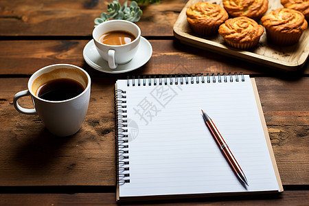 木桌上的笔记本和咖啡图片
