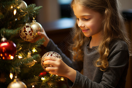 少女装饰圣诞树图片