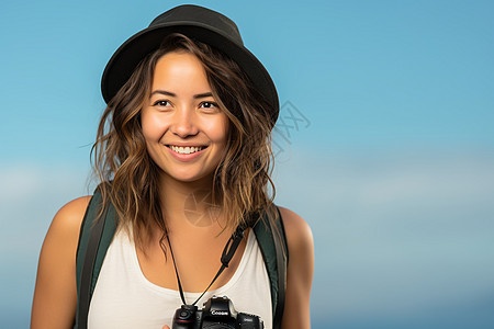 旅行中微笑的女游客背景图片