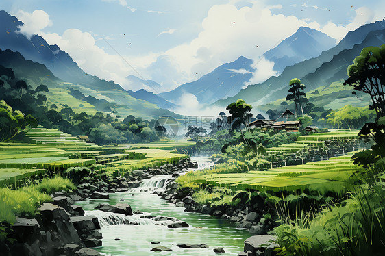 阳光下的山野稻田图片
