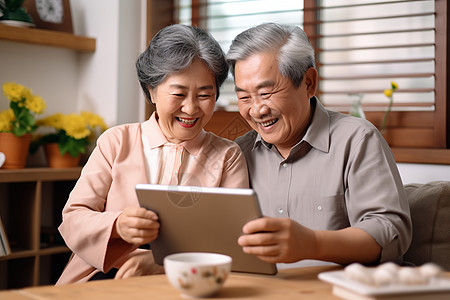 平板电脑视频的老年夫妇图片