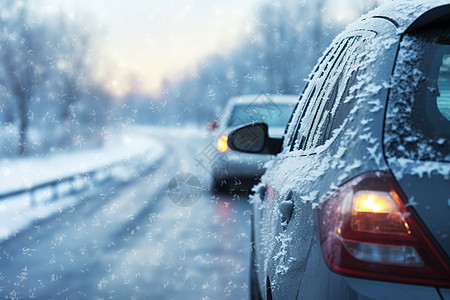 雪中前行下雪道路高清图片