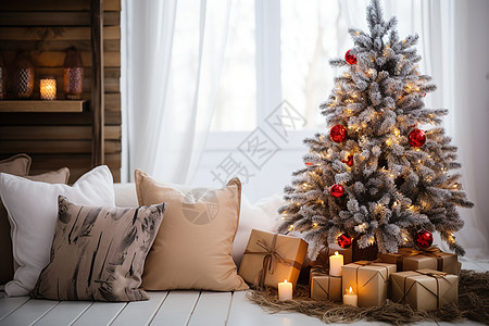 圣诞节背景窗台上的枕头和圣诞树背景