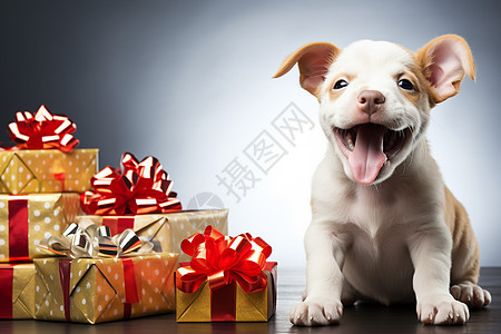 小狗坐在礼物盒旁图片