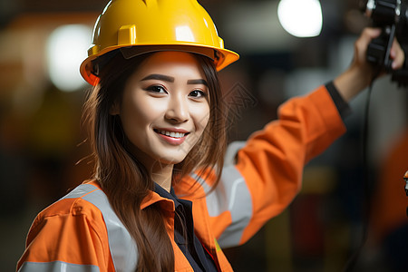 戴头盔的亚洲女工程师图片