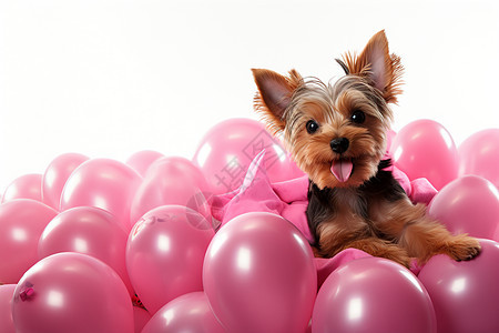 趴在一堆粉色气球上的小狗图片