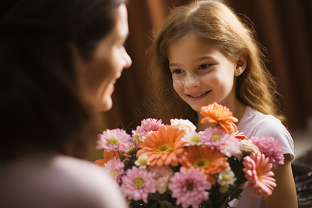 母女欣赏温馨的花束图片