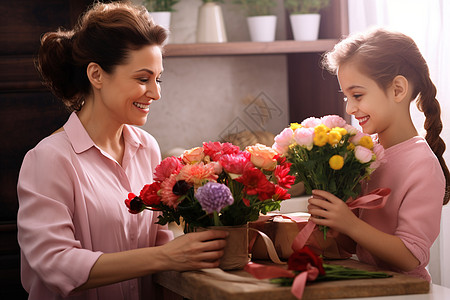 母女二人手中捧着一束鲜花图片