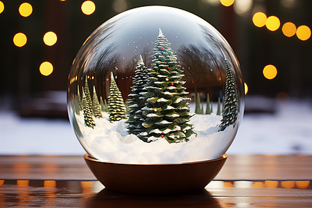 玻璃球雪地中的圣诞树图片