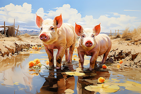 农场两只猪在水坑中图片