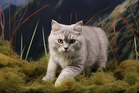 猫咪趴在草地上背景图片