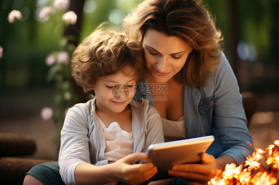 母子一起玩平板电脑图片