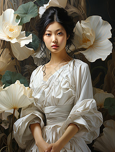 莲花旁的亚洲美女图片