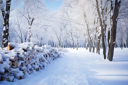 冬日林中的雪径图片