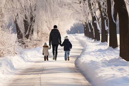 孩子冬天雪地漫步的家人背景