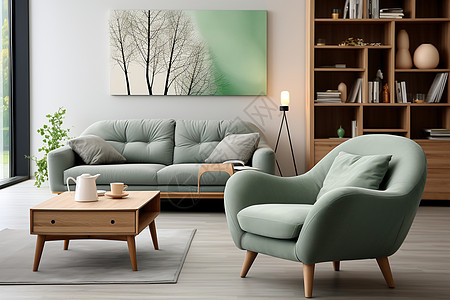薄荷绿的布艺沙发摆在客厅里图片