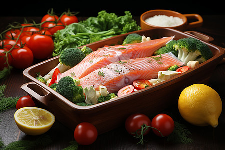 鲜美的三文鱼蔬菜图片