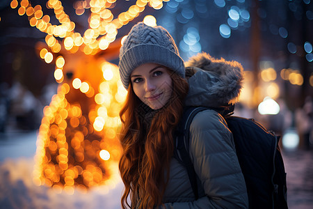 独自背着背包站在雪地里的女人图片