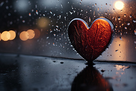 雨中的玻璃窗上一颗心形物品图片