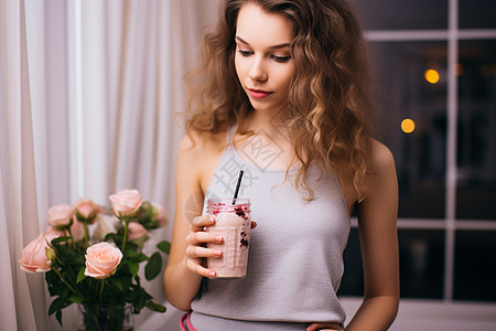 女孩手里拿着一杯奶昔图片