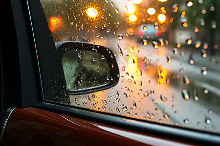 雨滴映照在车窗上图片