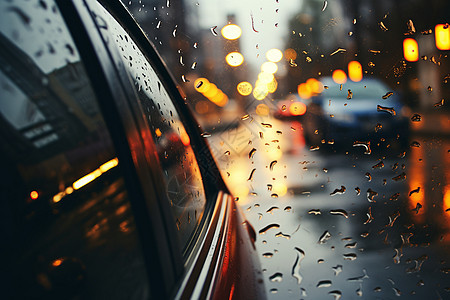 夜晚城市中雨水滑过车窗图片
