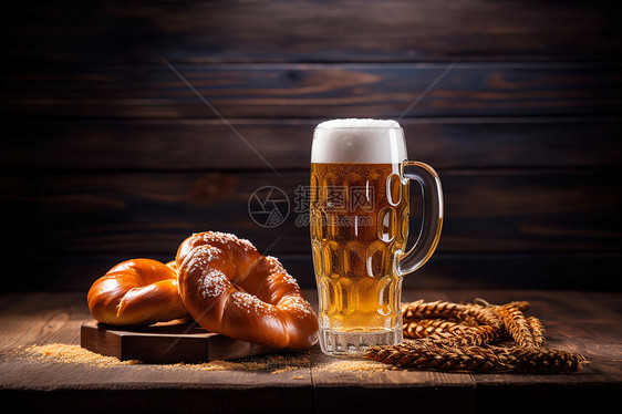 桌子上的面包和啤酒图片