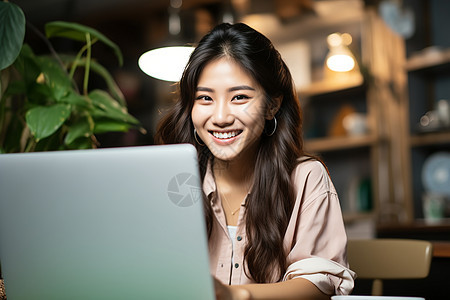 微笑的女孩使用电脑图片