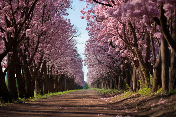 粉红樱花盛开的林荫道图片