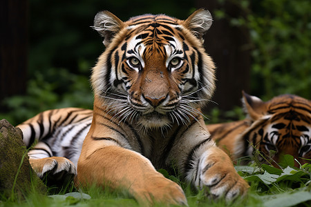 两只老虎在草地上躺着图片