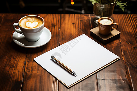 木桌上的咖啡和白纸图片