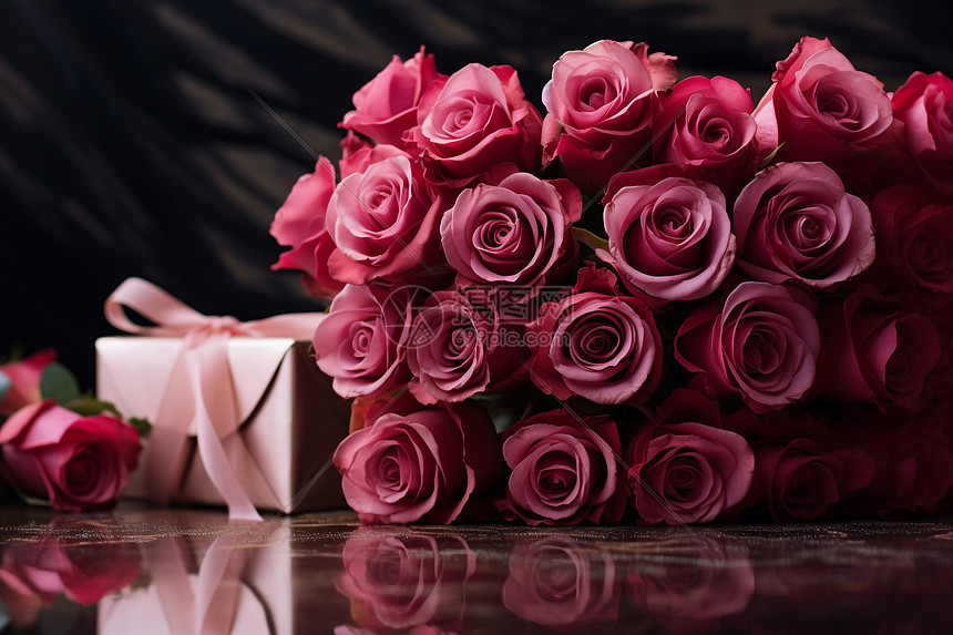 粉色玫瑰花束与白色礼盒图片