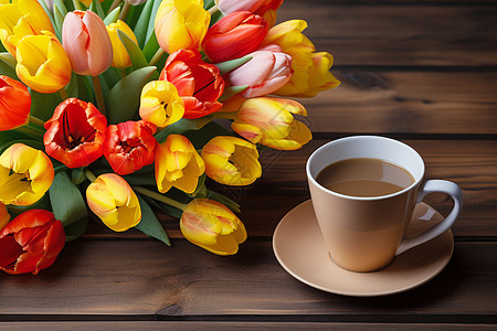 春日的花束和咖啡背景图片
