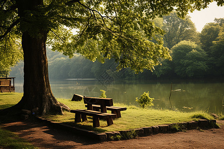 湖边树下的椅子图片